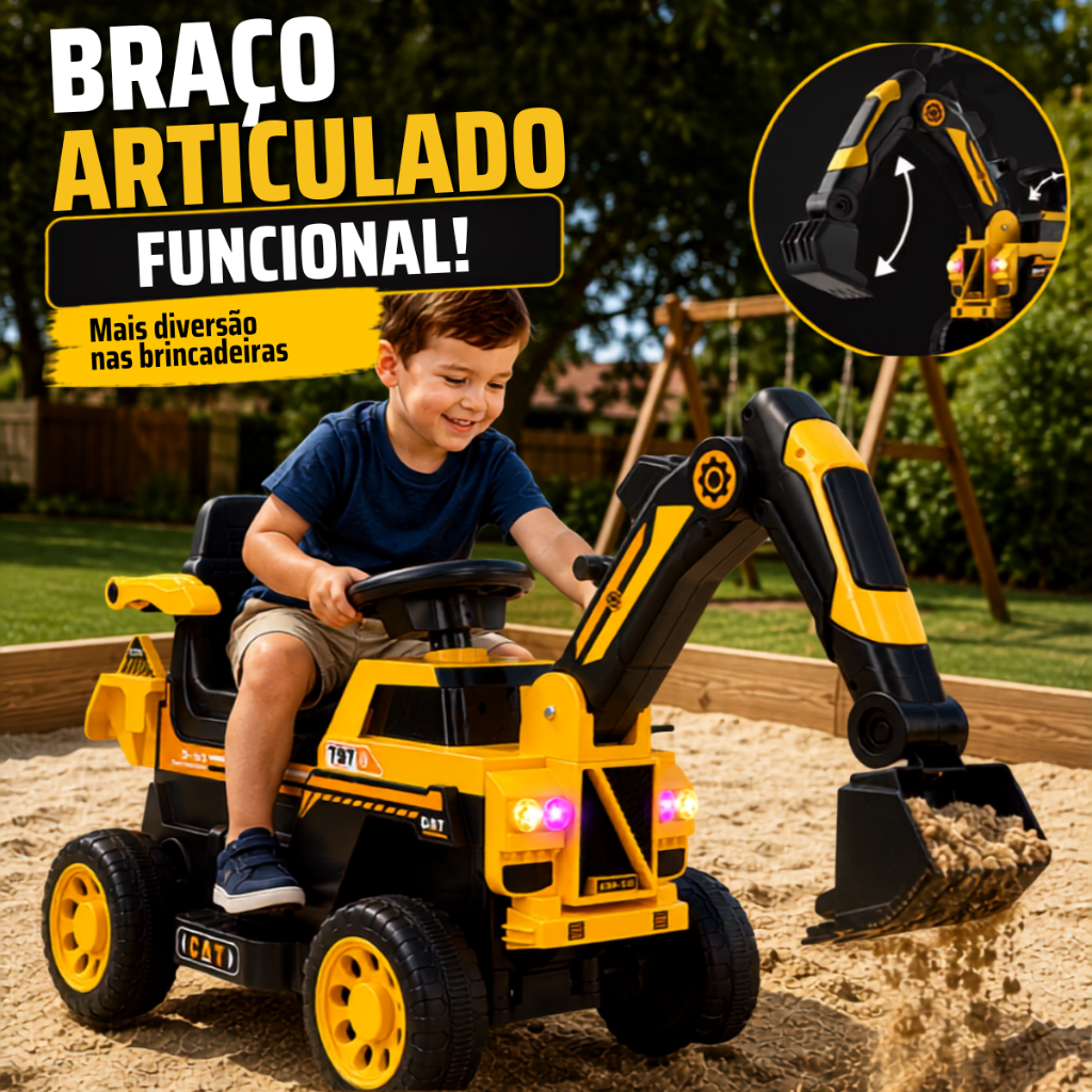 Trator Infantil Brinquedo Pá Luz Led Musica Braço Articulado 4 Rodas Resistente Retro Escavadeira