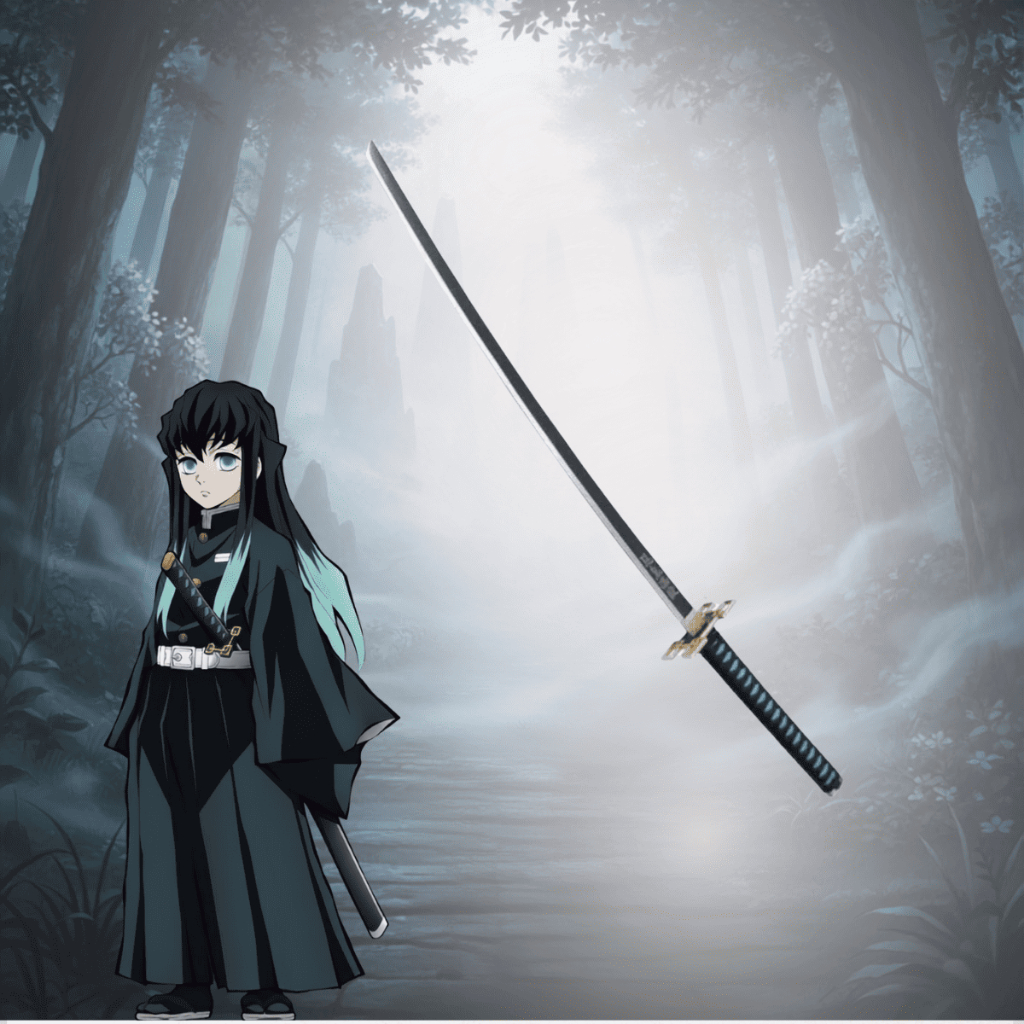 Katana Muichiro Tokito Demon Slayer Lâmina Bambu Cosplay Com Suporte de Mesa