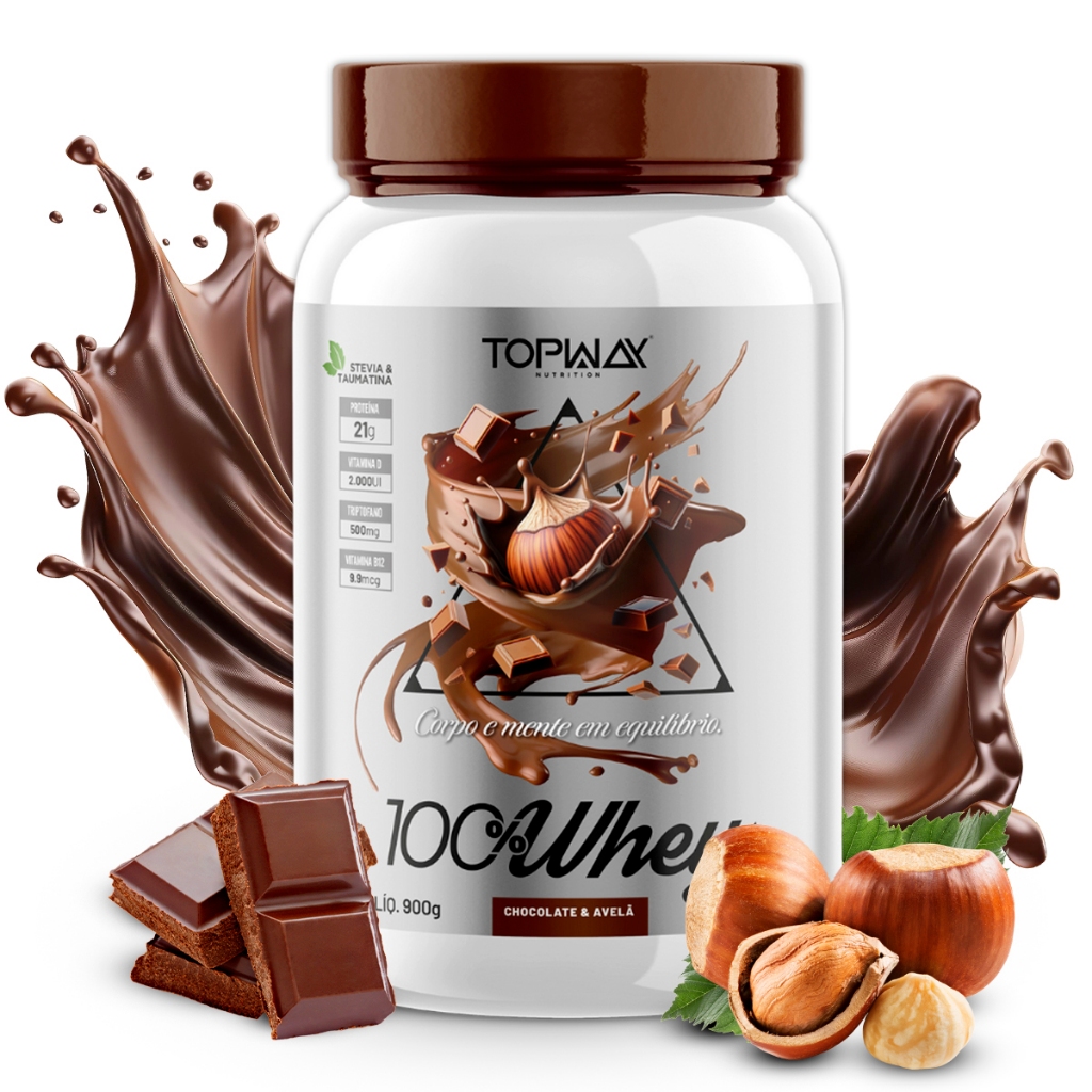 Whey 100% Concentrado 900g Chocolate com Avelã TopWay Protein Pote Proteína Pura Ganho Massa