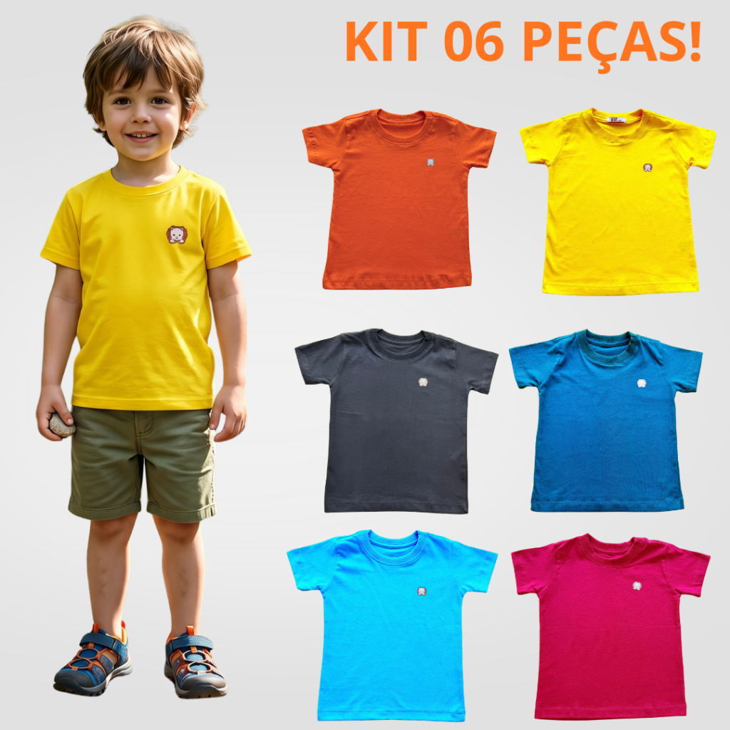 Kit 6 Camisetas Infantil Menino Sortido Básica Confortável e Coloridas Criança de Verão 100% Algodão
