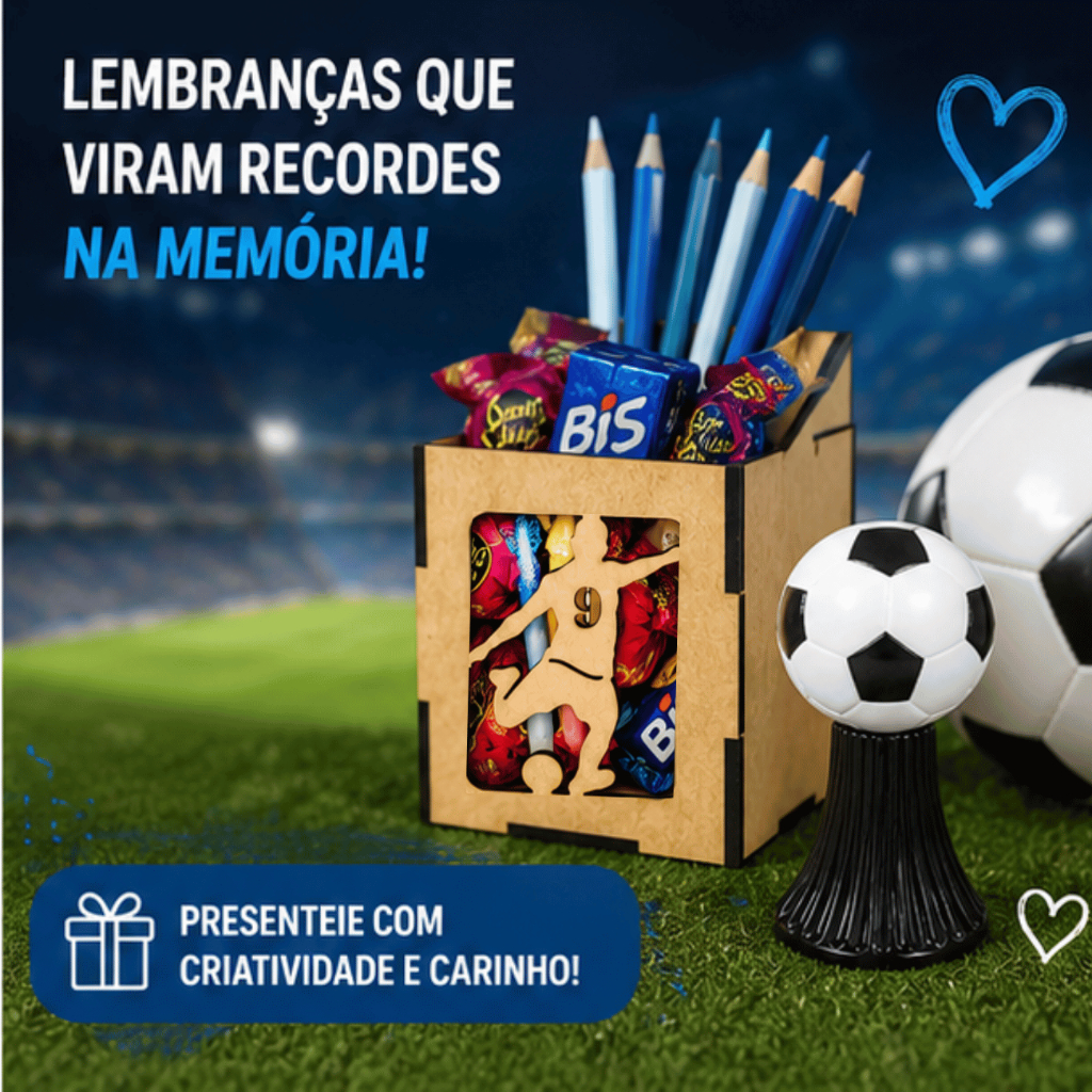 Kit Festa Infantil Futebol Personalizado 10 Lembrancinhas Caixinhas MDF Porta Lápis Mais Bola Cerâmica