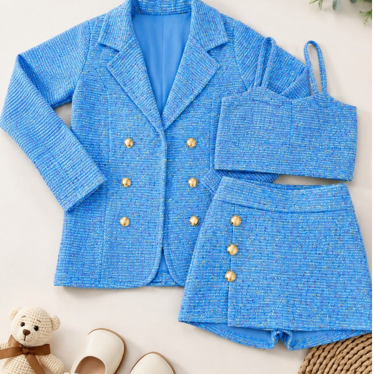 Conjunto Short Saia croped e Blazer Infantil Menina blogueirinha Look Fashion Elegante 3 pecas