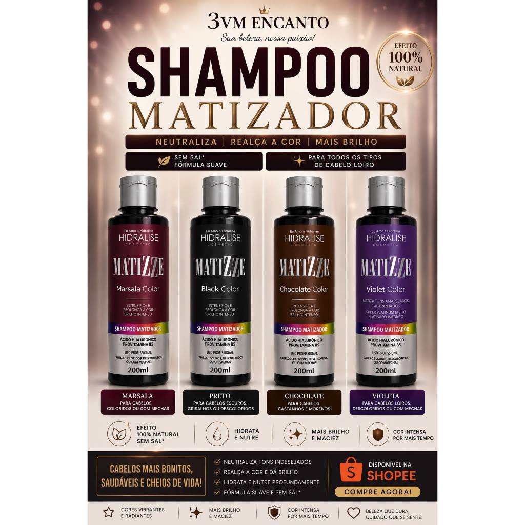 Shampoo Tonalizante Matizze Escurecedor S/ Amônia 100% Natural Hidralise Cabelos Brancos Tonalizante