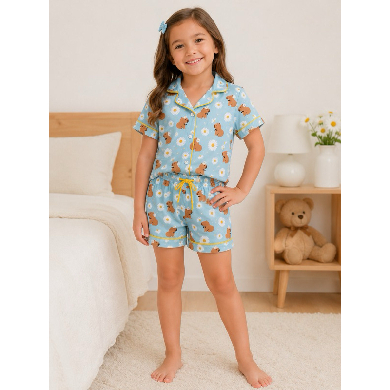 Pijama Infantil Feminino Capivara Malha Suede Conjunto Verão Menina