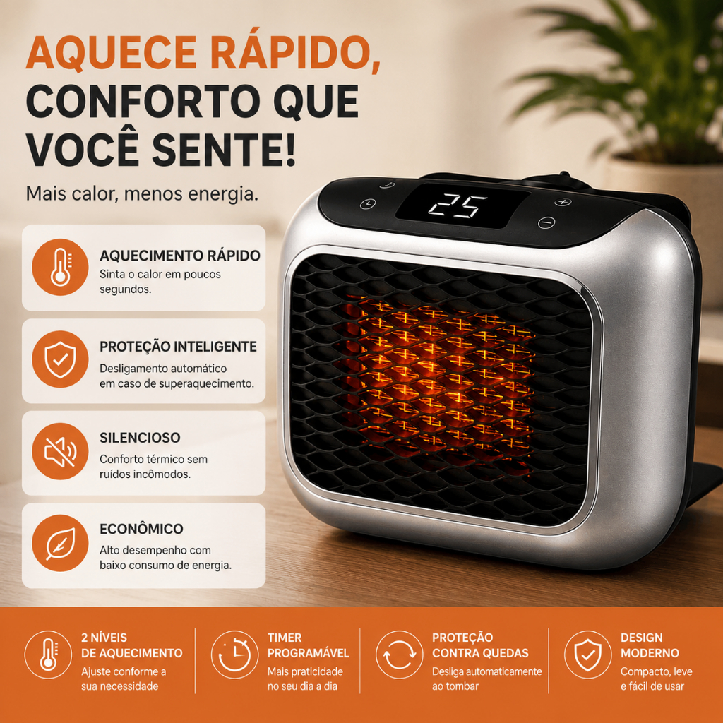 Mini Aquecedor Elétrico 110V Digital 800W Aquecimento Rápido Baixo Consumo Silencioso