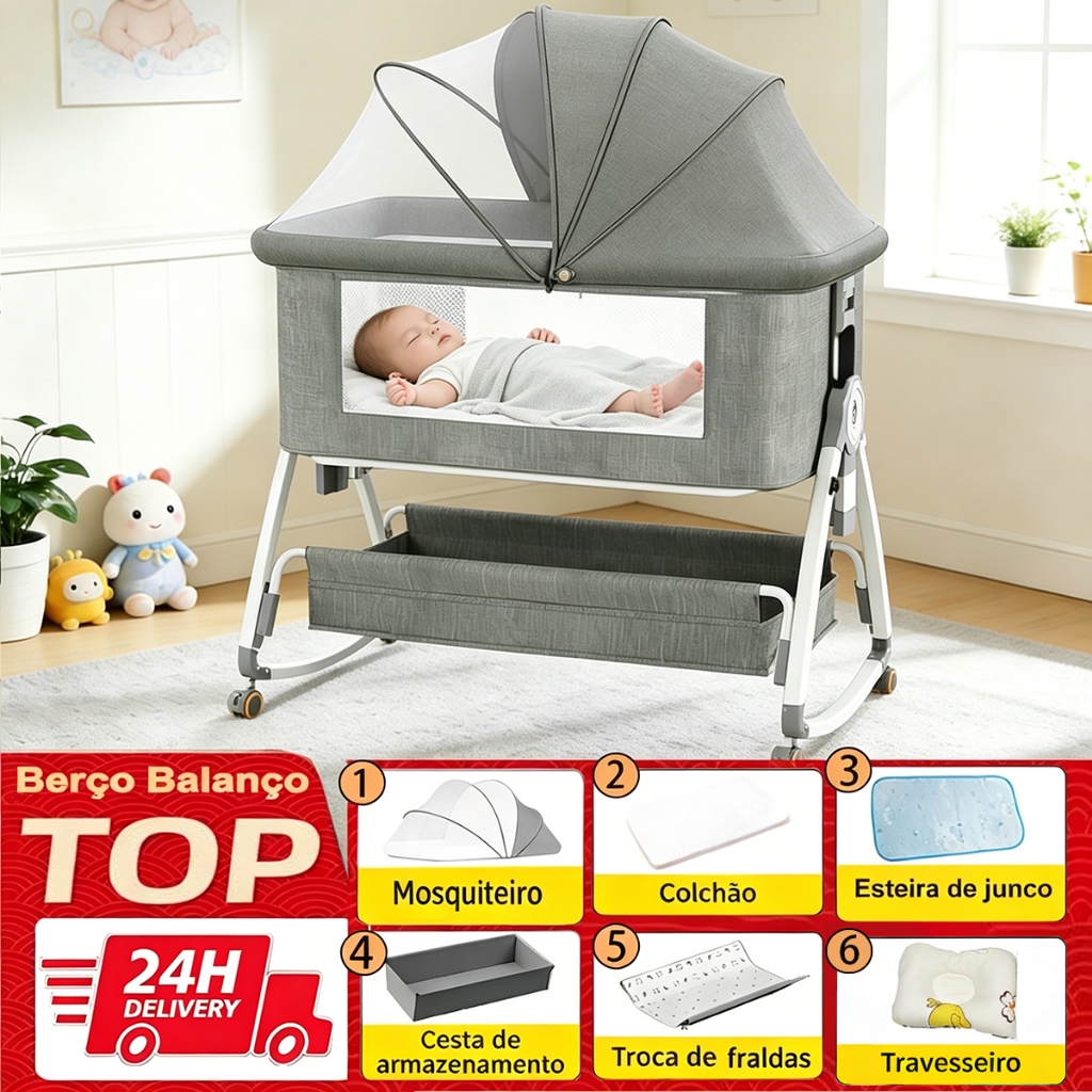 Berço Moisés Portátil 3 em 1 INMETRO Co-sleeping Balanço com Mosquiteiro até 25kg 0 a 3 Anos