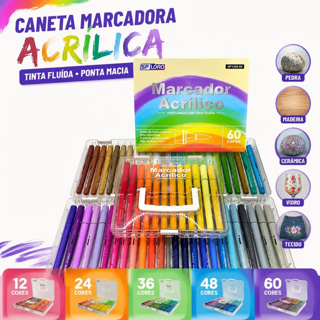 Canetas Marcadoras Acrílicas Tinta Fluida Ponta Macia 12 a 60 Cores À Prova D'água Não Desbota 1209