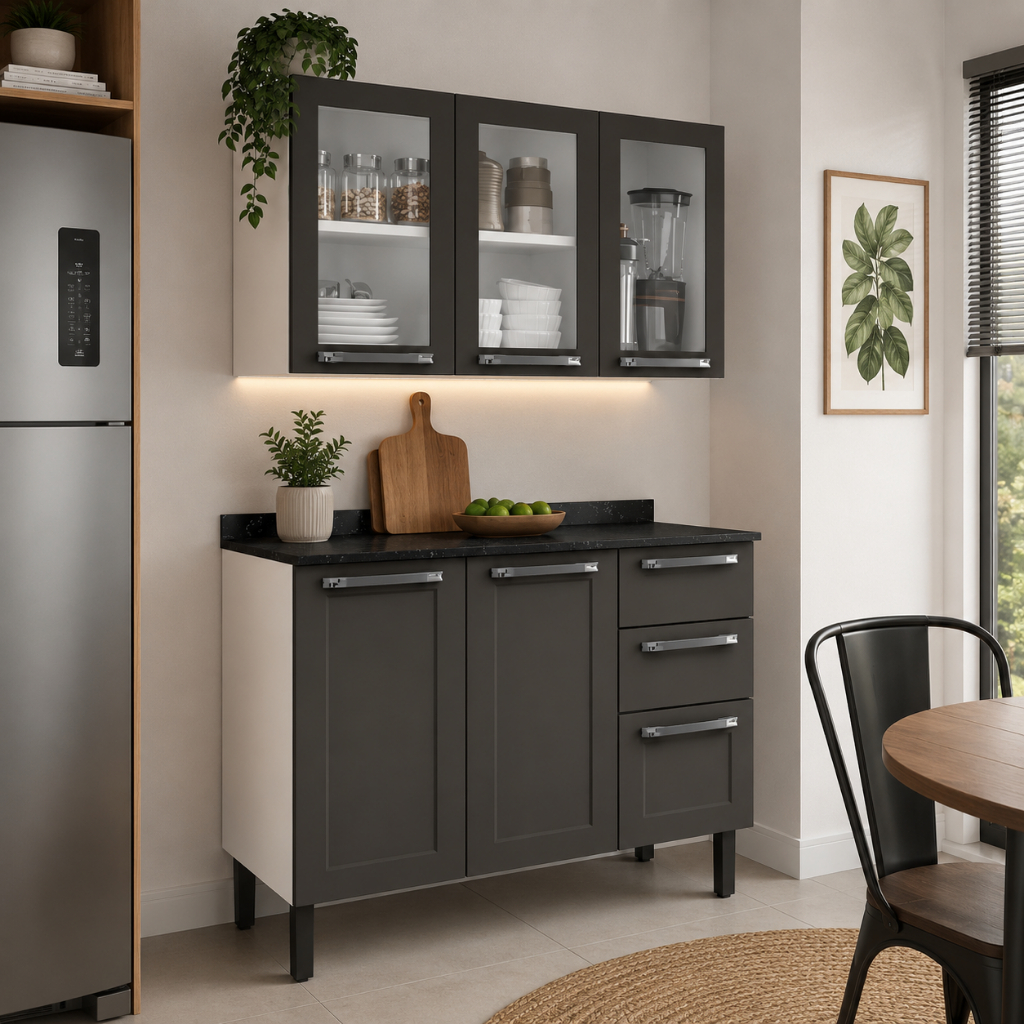 Kit Conjunto Cozinha Itatiaia Florença Grafite com Vidro 2 Peças em Aço