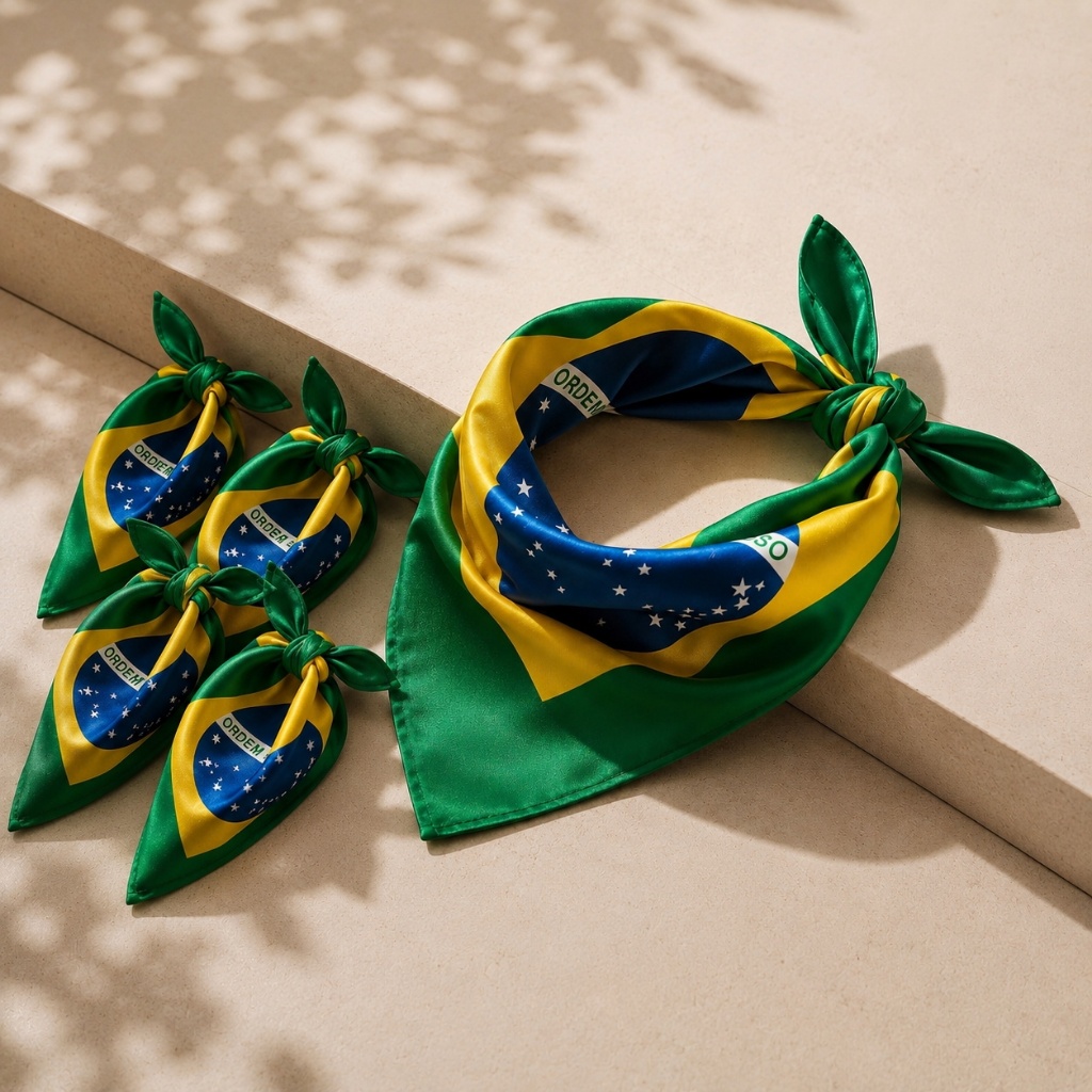Kit 5 Unidades Lenço Bandana Cetim Seda Echarpe Bandeira Do Brasil 50x50cm Copa Do Mundo Seleção Brasileira