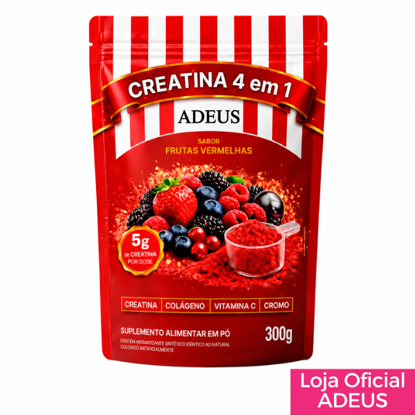Creatina 4 em 1 da Marca ADEUS — Frutas Vermelhas 300g | Creatina + Colágeno + Vitamina C + Cromo
