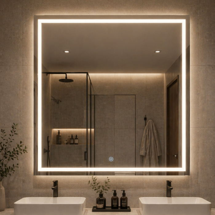 Espelho Quadrado 40x40 Jateado Fino LED 3 Cores Touch Banheiro Lavabo Quarto Luxo