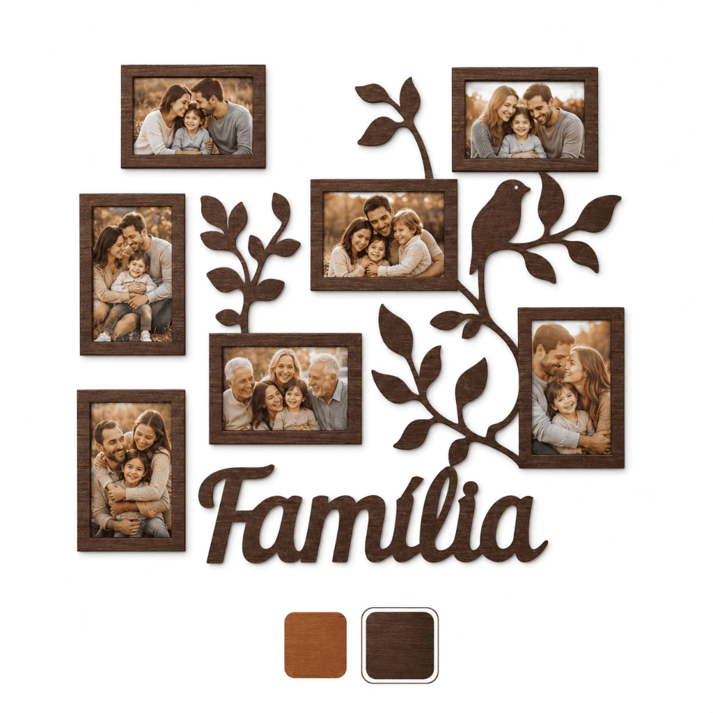 Porta Retrato Família MDF De Parede 7 Fotos Galhos Decorativo