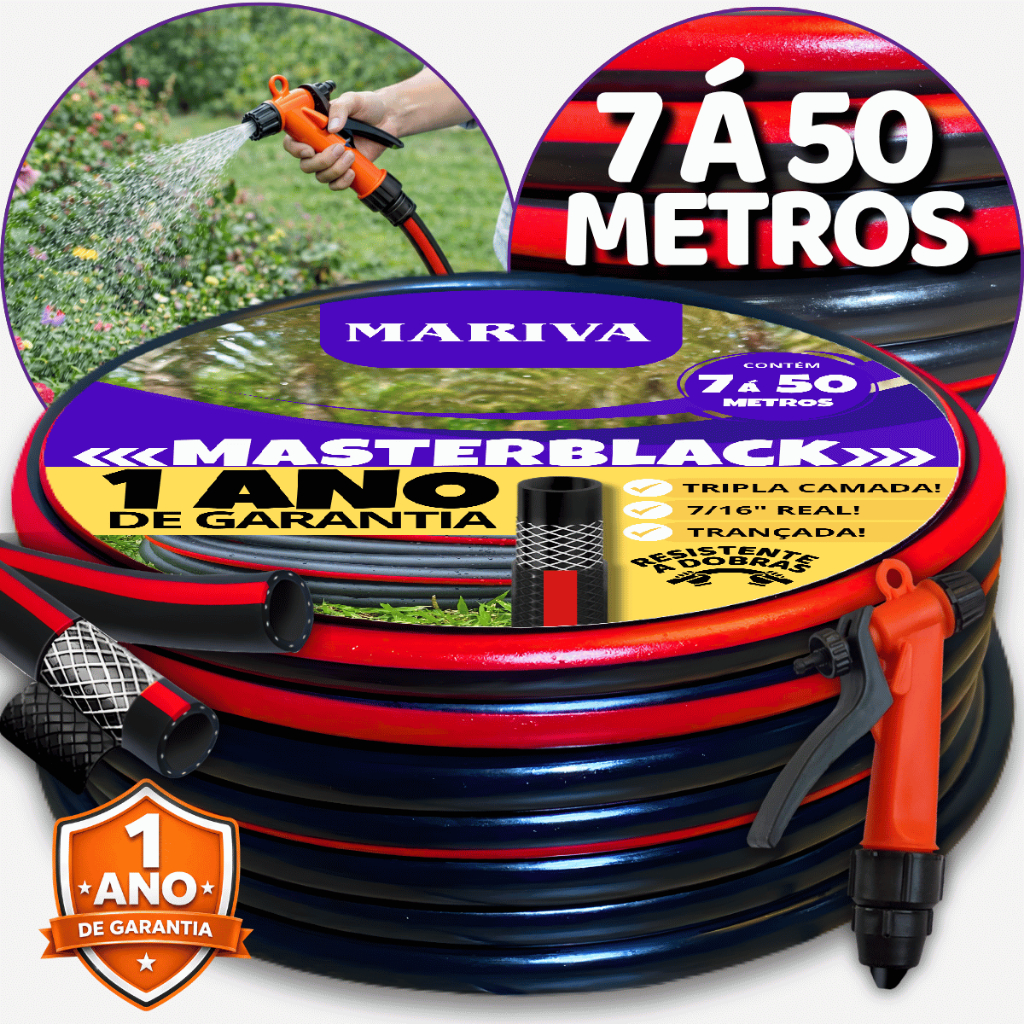 Kit Completo Mangueira de Jardim Preta 7m á 50m 7/16"  - Com Gatilho e União - Reforçada Trançada