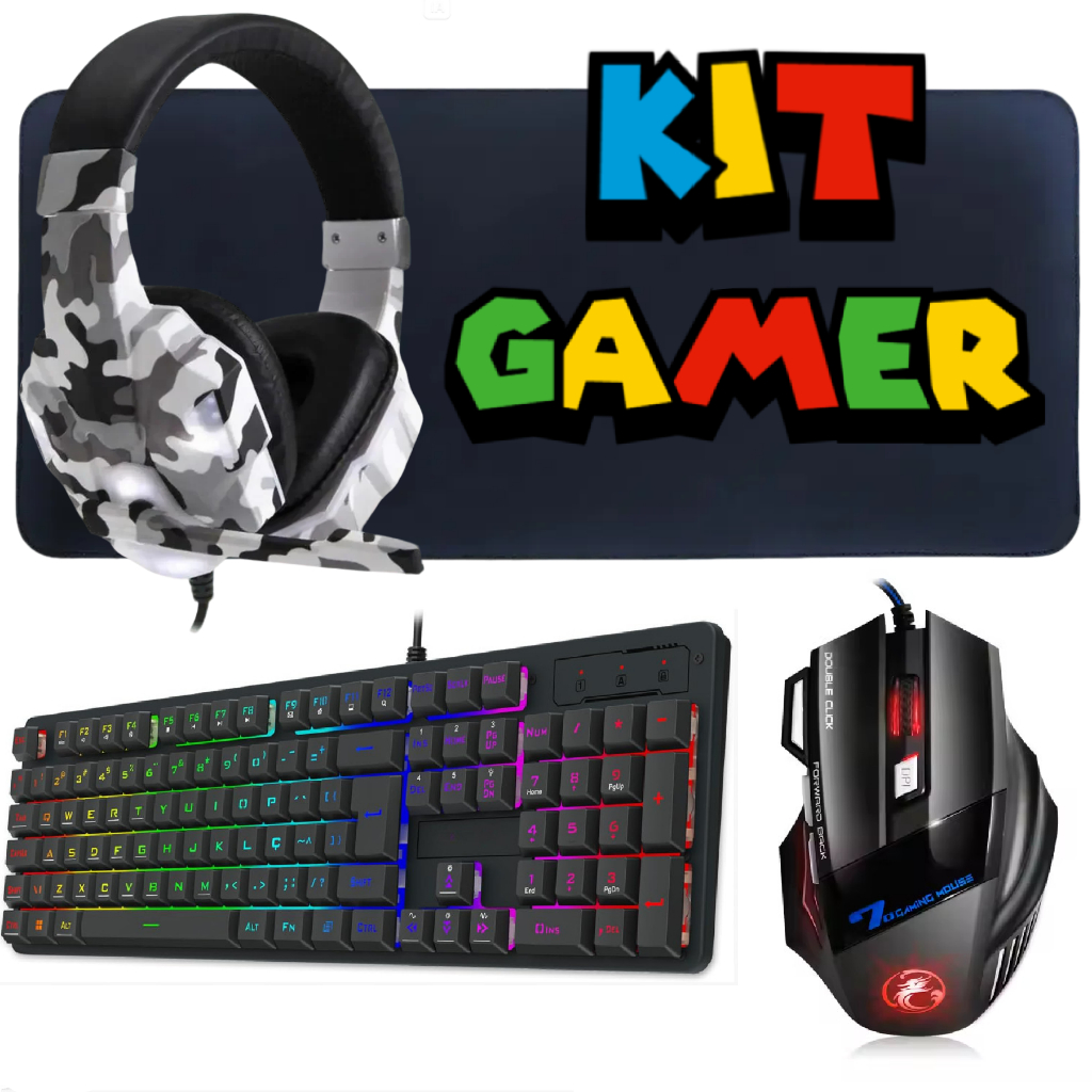 Kit Gamer Completo 4 em 1 Mouse 2400 DPI Teclado RGB Headset LED Mouse Pad Grande 80x30cm PC Gamer USB P2