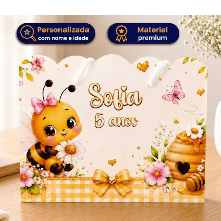 Sacolinha Personalizada Abelhinha Abelha com Nome e Idade | Lembrancinha de Aniversário