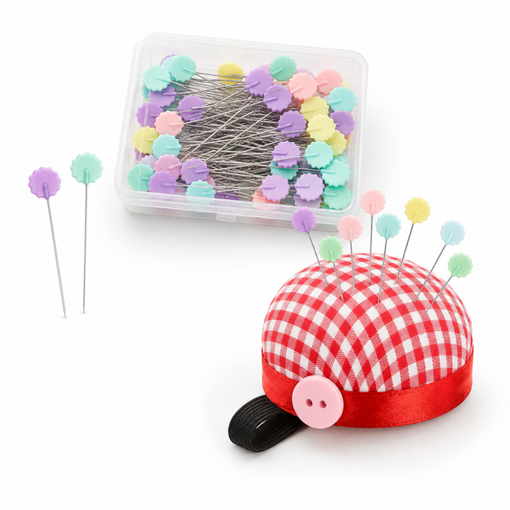 Kit Almofada Porta Alfinetes de Pulso com 50 Alfinetes Cabeça de Flor para Corte e Costura