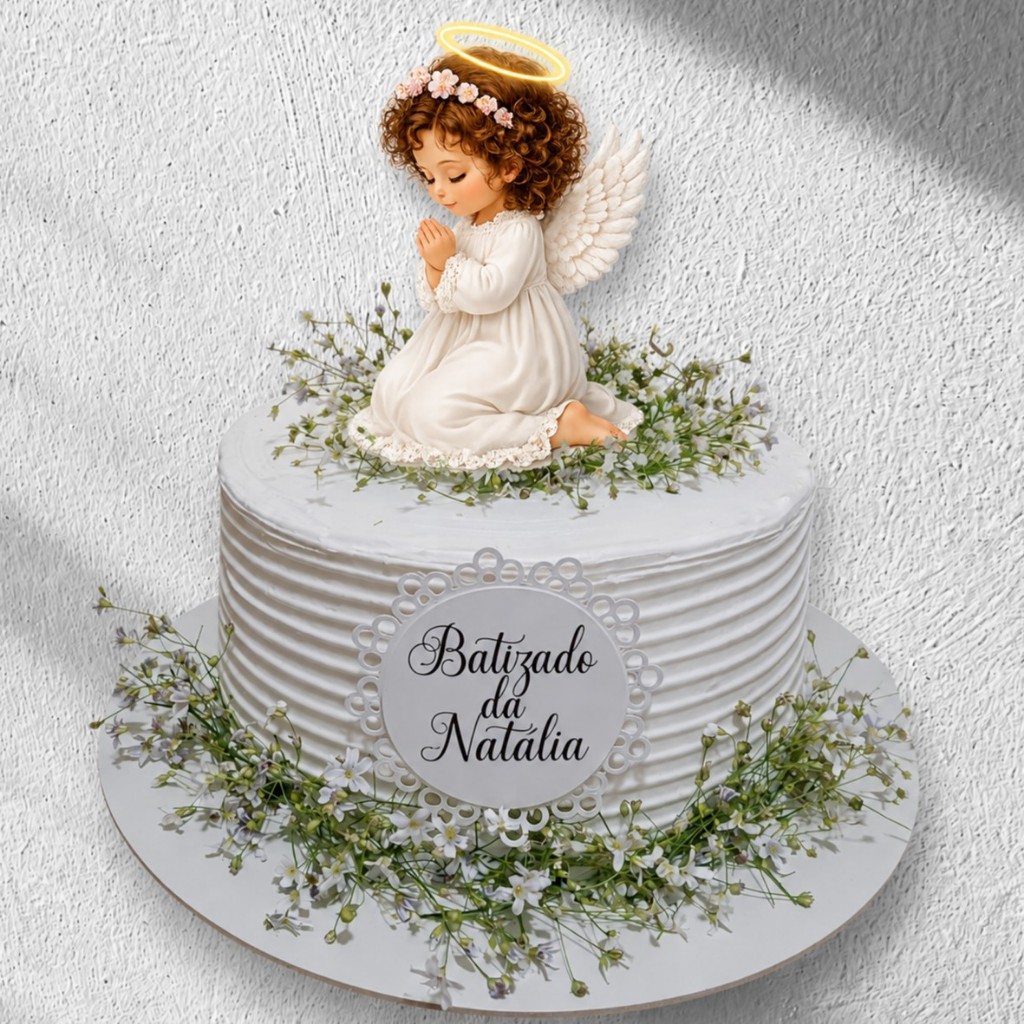 Topo de Bolo Batizado Anjinha Menina Cabelo Enrolado Personalizado Topper Anjo Batizado