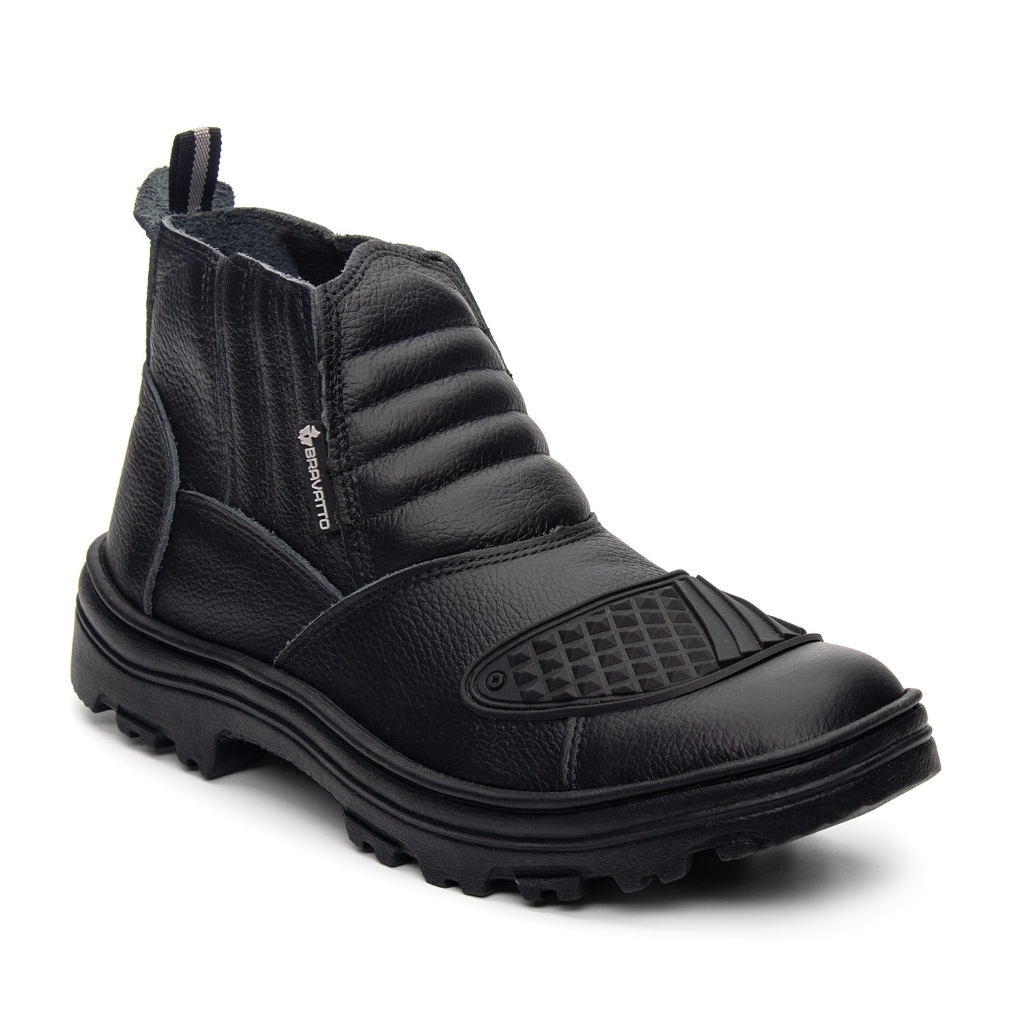 Bota Coturno Masculino Couro Legítimo Bico PVC Motoqueiro Cano Médio Antiderrapante Confortável Trabalho Moto Resistente