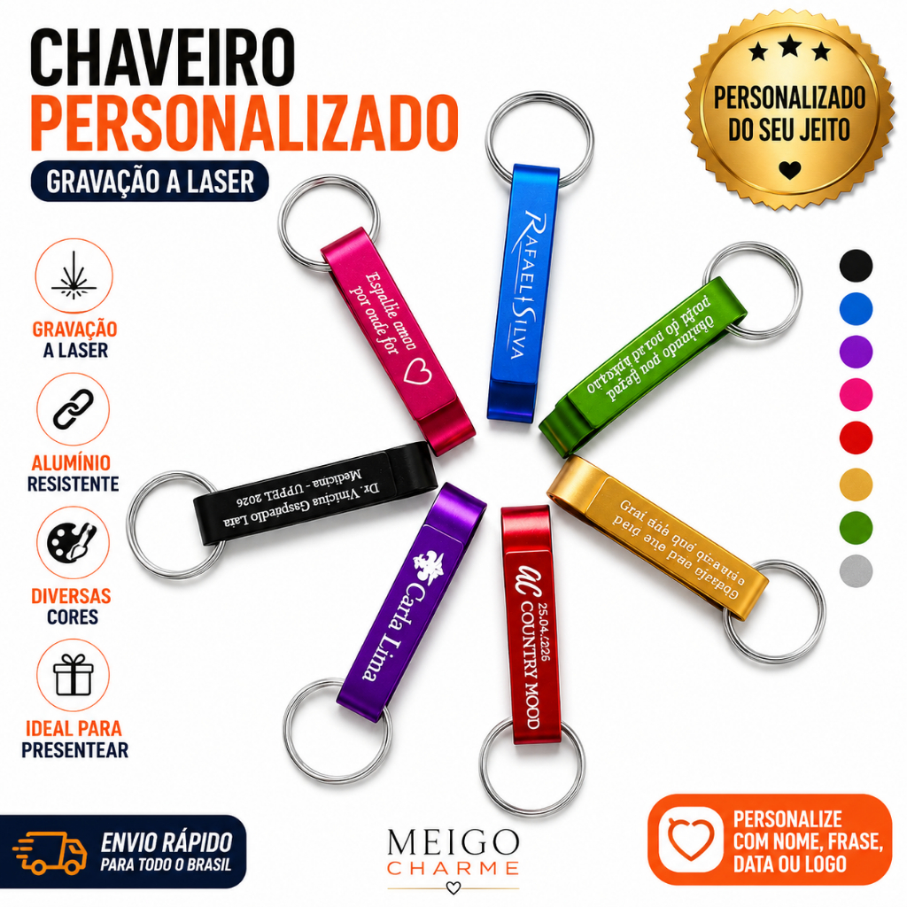 Chaveiro Abridor Personalizado Logo Nome Frase | Brindes Corporativos | Kits 20 a 100