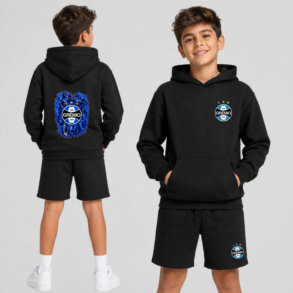 Kit Moletom e Bermuda Imortal Tricolor Infantil Conjunto Blusa de Frio e Bermuda Moletom Grêmio