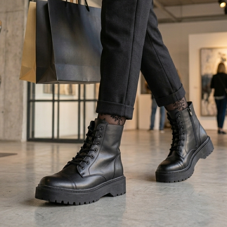 Bota Feminina Plataforma Couro Legítimo Tratorada Com Zíper