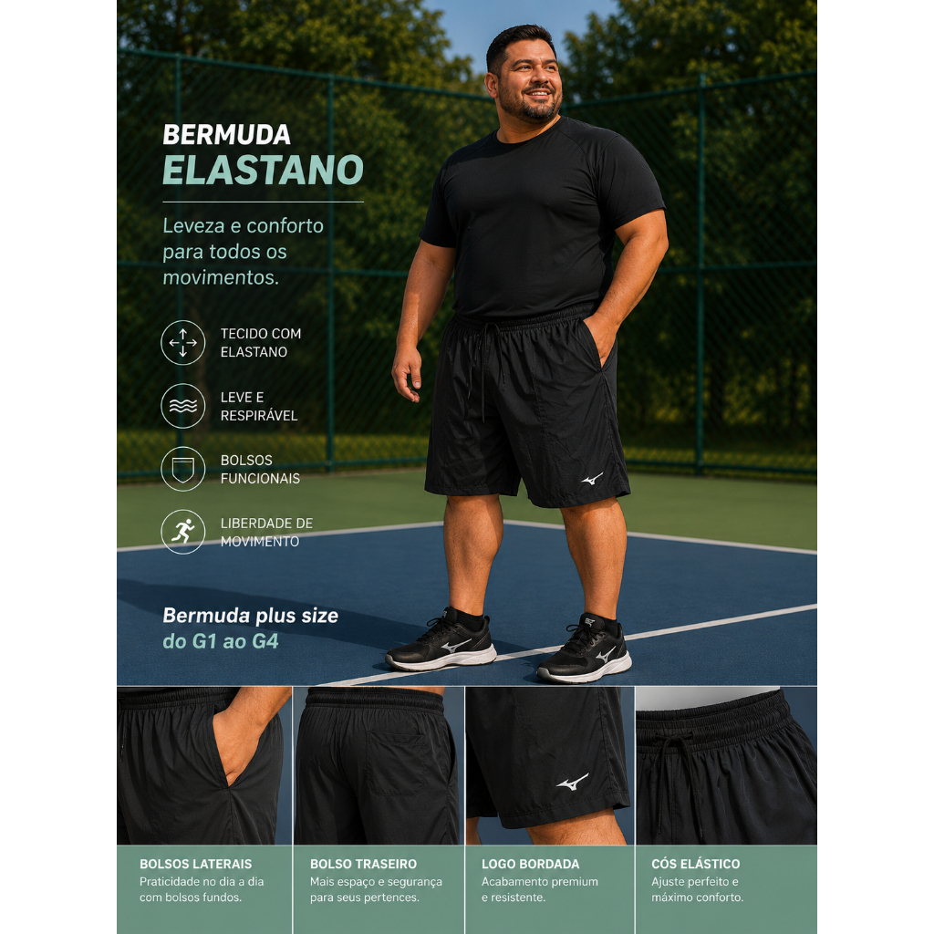Bermuda Masculina Plus Size Elastano G1 ao G4 Confortável Casual Esportiva para Academia, Caminhada e Dia a Dia