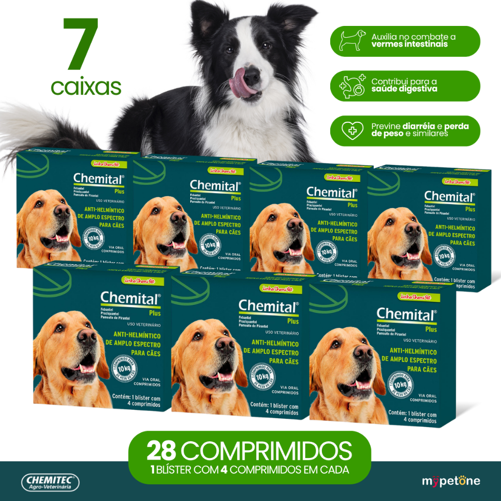 Kit 7 Chemital Plus Chemitec Vermífugo para Cães - 4 Comprimidos