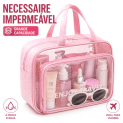 Bolsa de Viagem Transparente para Cosméticos – Necessaire com Bolso Frontal e Alças, 36×25×15 cm