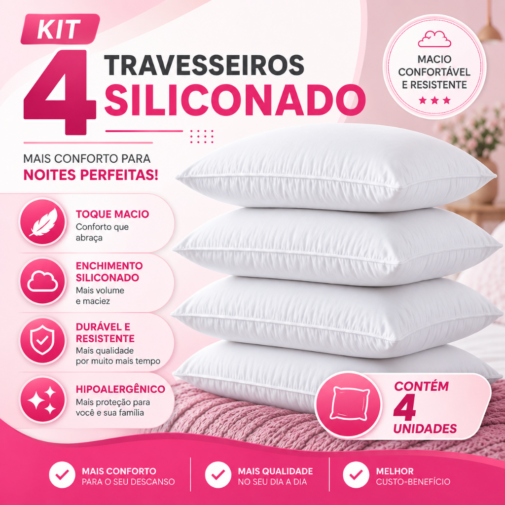 Kit 4 Travesseiros Toque Pluma Siliconado 70cm x 50cm