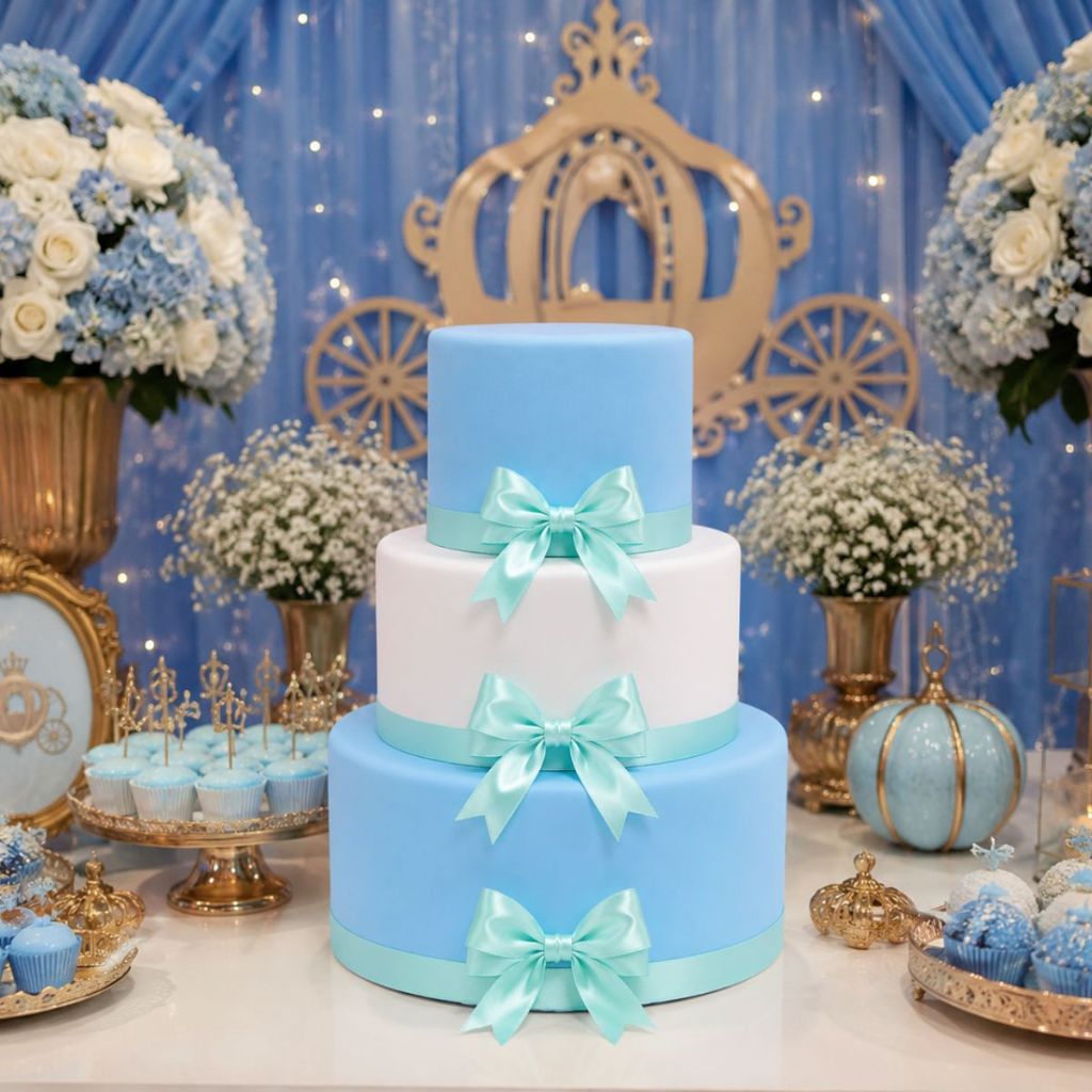 Bolo Fake 3 Andar Isopor Encapado Com EVA Azul Bebê e Branco Cetim Laço Aniversário Mais Vendidos