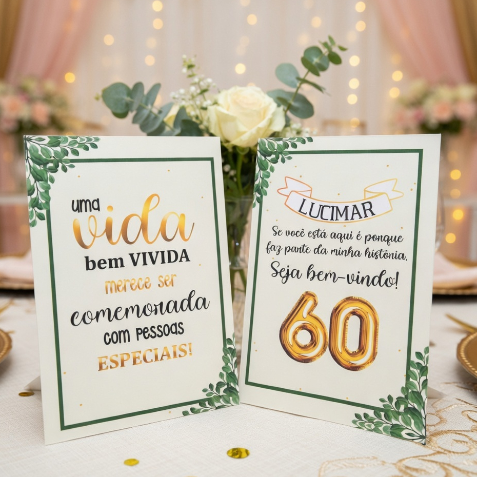 Centro de mesa agradecimento personalizado enfeite plaquinha aniversário adulto 60 anos festa floral