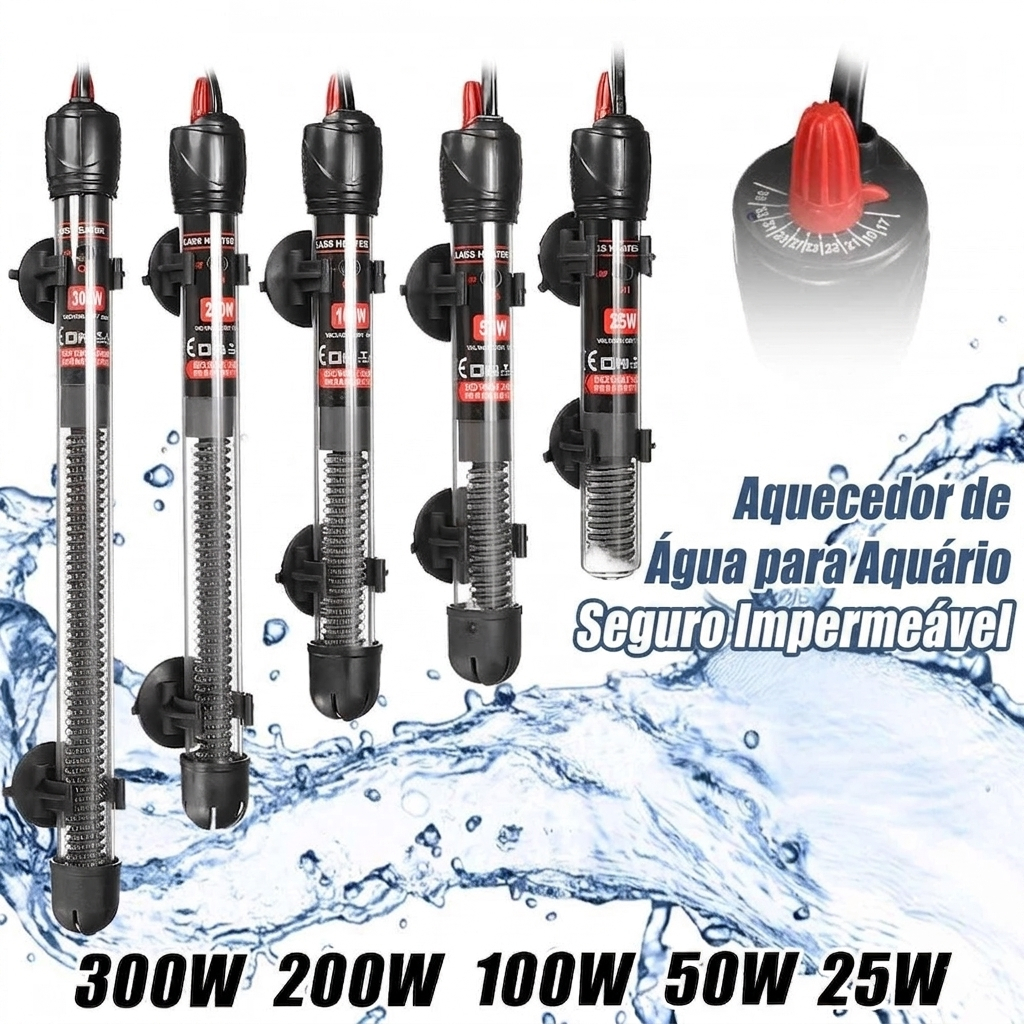 Aquecedor de Aquário 25-300W com Termostato Ajustável | Submersível e Super Resistente