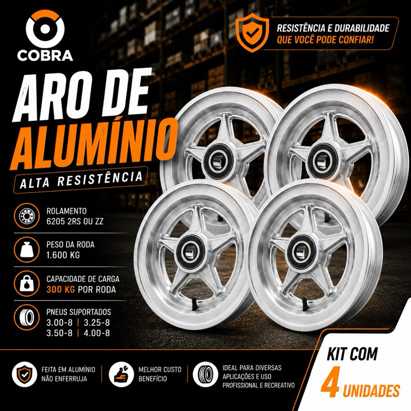 kit 4 Roda Aro 8 de aluminio com rolamento 6205 300kg carretinha moto para pneu 3.50-8, 400-8 Cobra