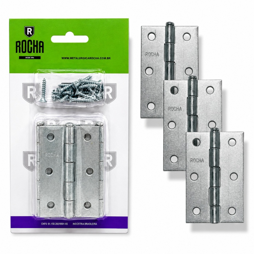 Kit 3 Dobradiças zincadas Rocha de 3 polegadas para portas. Com parafusos.