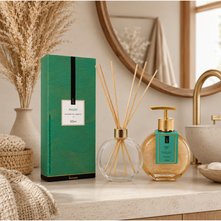 Kit Via Aroma Breeze Difusor de Varetas 200ml + Sabonete Líquido 200ml | Pote de Vidro e Fragrância Sofisticada