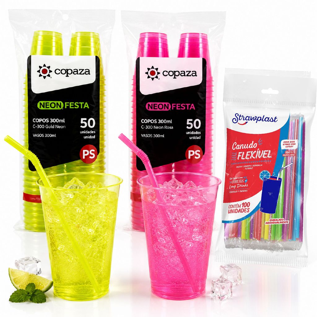 Kit 100 Copos Neon 300ml Premium + 100 Canudos Flexível Festa Balada Neon Brilha Escuro
