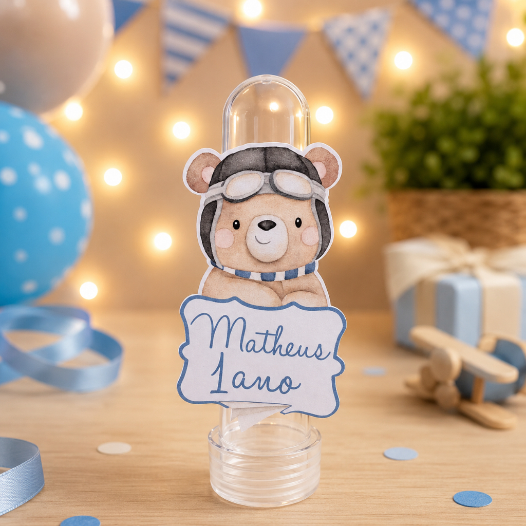 Aplique Tubete Ursinho Aviador Personalizado-Lembrancinha Festa Infantil |Nome e Idade |Tema Aviador