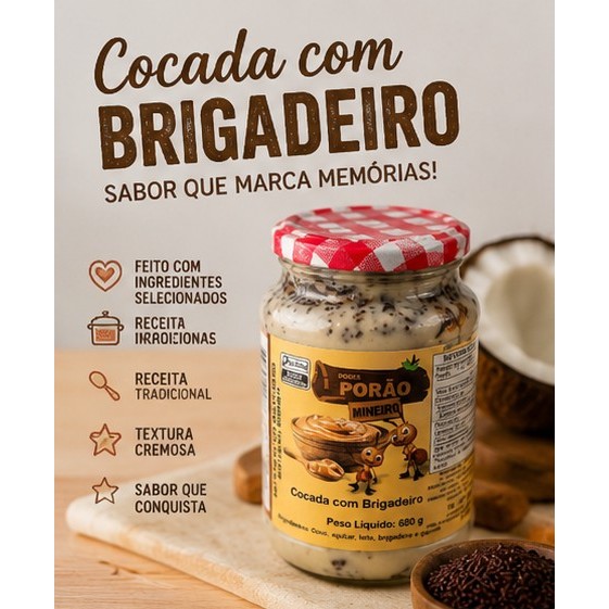 Cocada com Brigadeiro Artesanal 680g vidro Tradicional  Porão mineiro