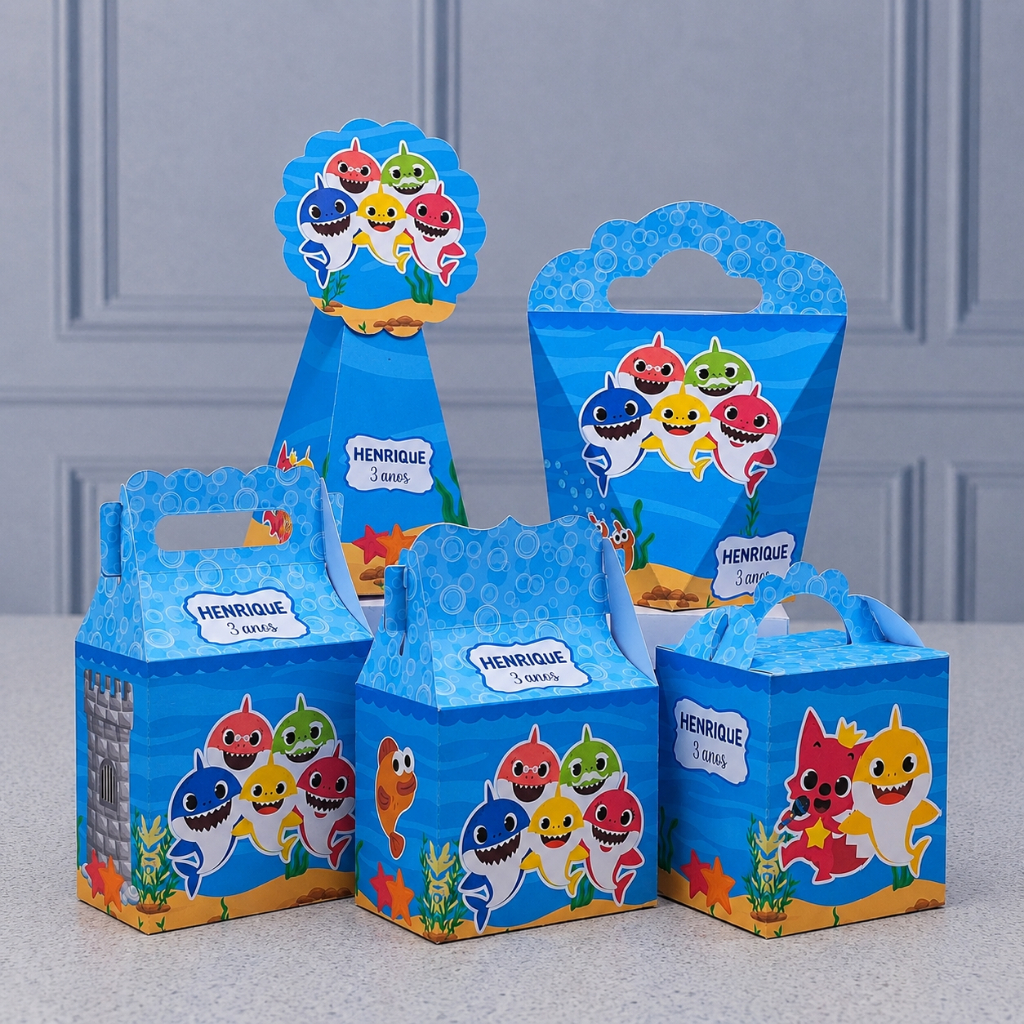 Kit Caixinhas Papelaria Personalizada Baby Shark Lembrancinha Surpresa aniversário festa infantil Desmontado