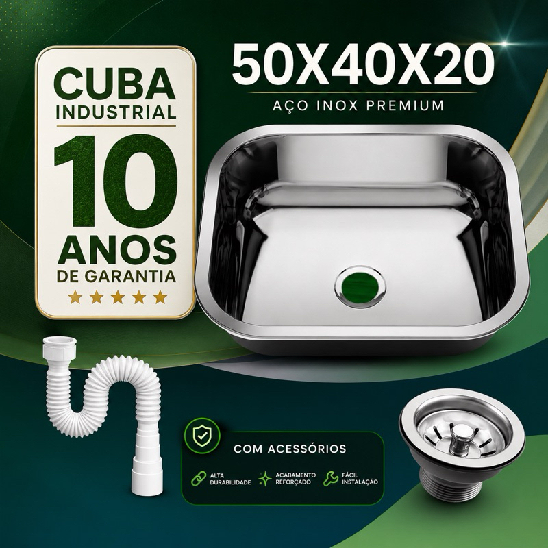 Cuba Pia Inox Industrial 50x40x20 Gourmet 304 com Acessórios