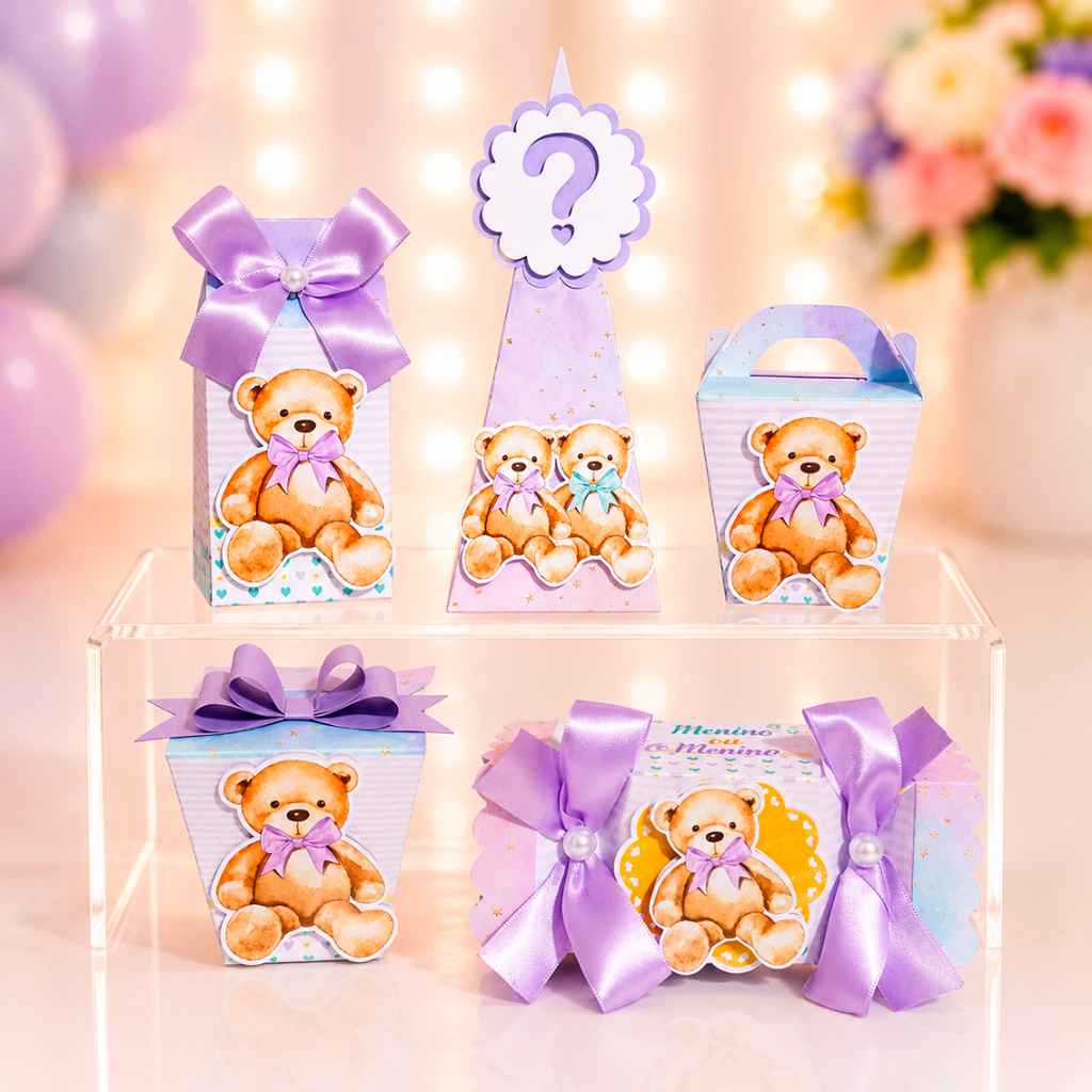Kit Caixas Clássicas Ursinhos Lilas Chá Revelação Personalizada /Lembrancinha de Festa /Aniversário