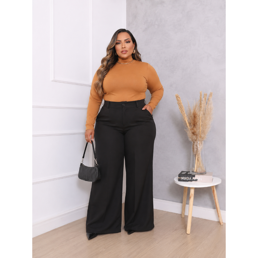 Calça Pantalona Plus Size Feminina Alfaiataria Cintura Alta Social Elegante Wide Leg