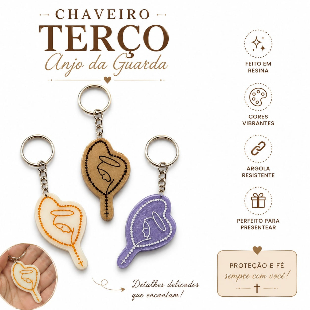 1 a 10 Chaveiro Terço Anjo da Guarda em Resina – Proteção e Fé Sempre com Você