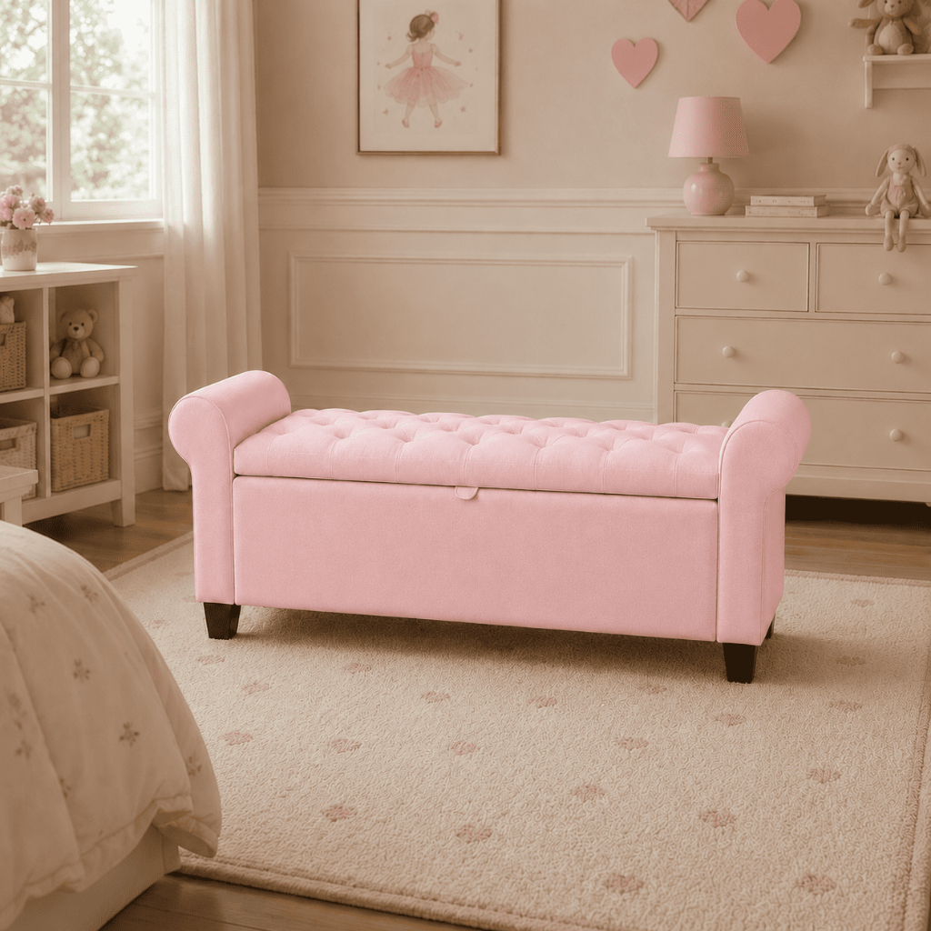 Puff Recamier Baú 90cm Suede Banco Organizador Multiuso Sapateira Espaçoso Para Pé Da Cama Luxo Cor Rosa Envio Imediato