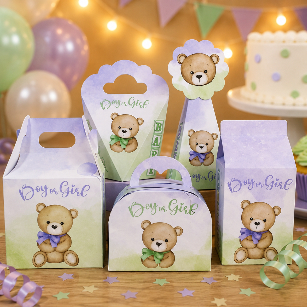 Caixinhas chá revelação URSINHO VERDE E LILÁS - Caixas p decoração e lembrancinha