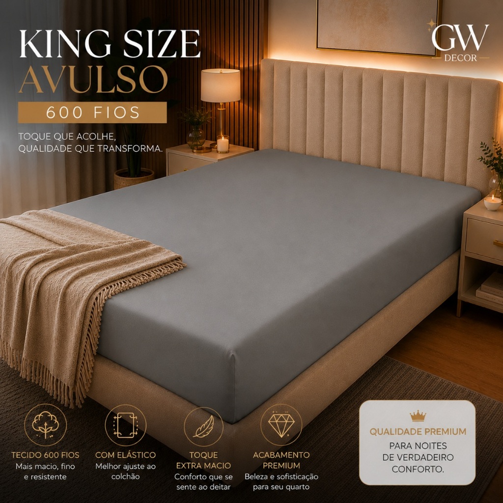 Lençol King Size Avulso 600 Fios com Elástico em Toda a Volta Canto de 40cm Acetinado Algodão