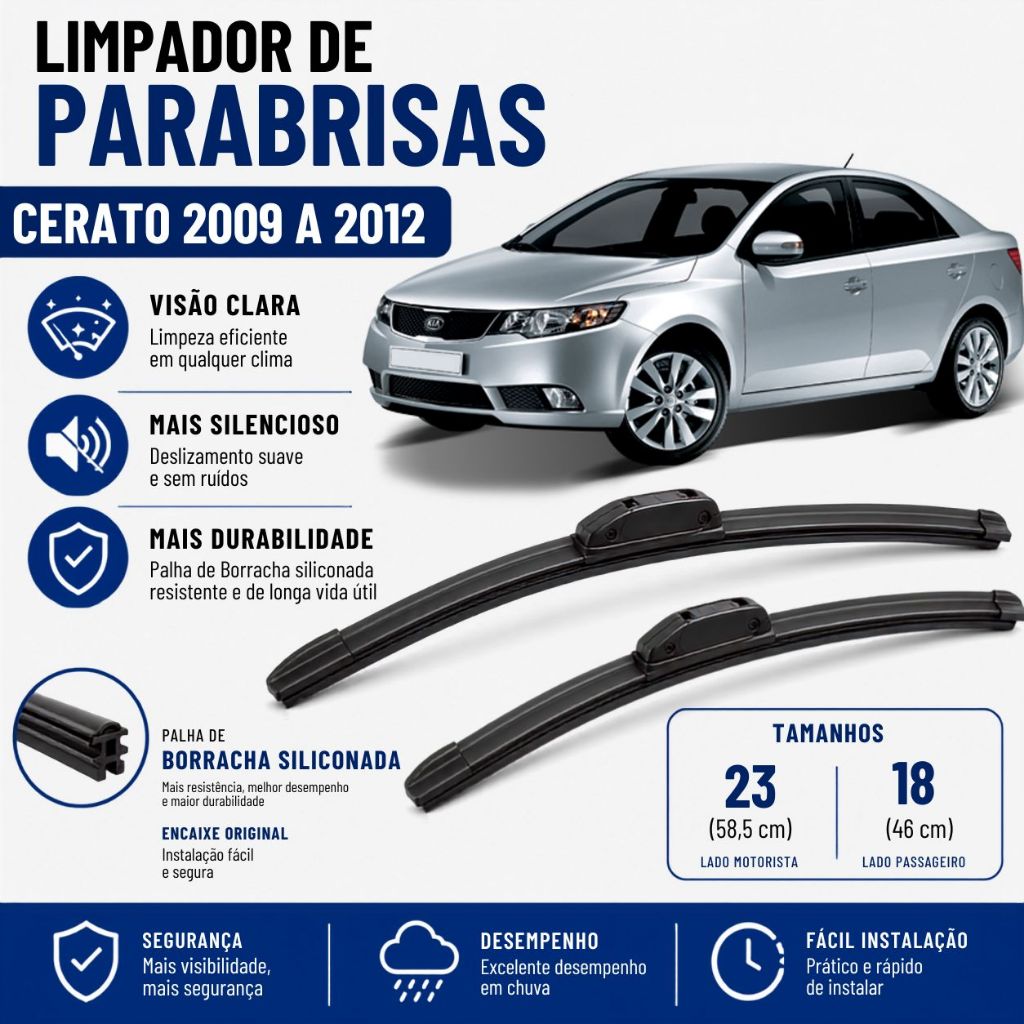 Par Palheta Limpador ParaBrisa Cerato 2009 2010 2011 2012 Silicone encaixe Gancho