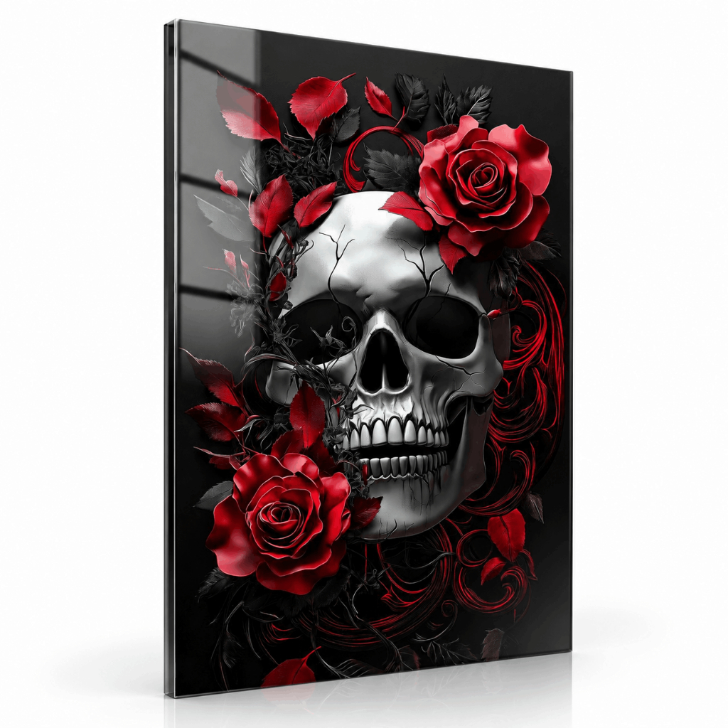 Quadro Decorativo Caveira Rosas Vermelhas Gótico Moderno Para Sala Quarto