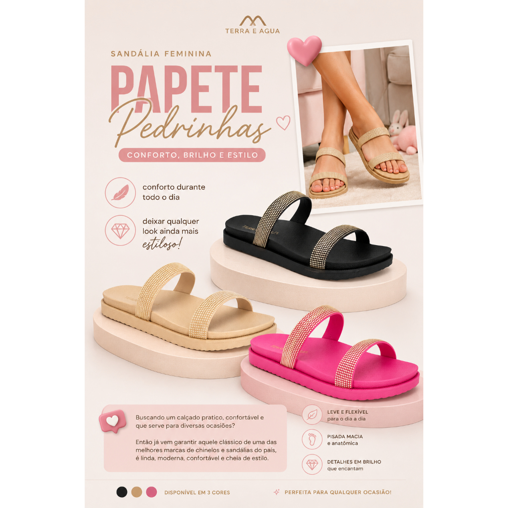 Sandália Papete Chinelo Feminino Com Aplicação em Brilho Terra E Agua Pedrinhas