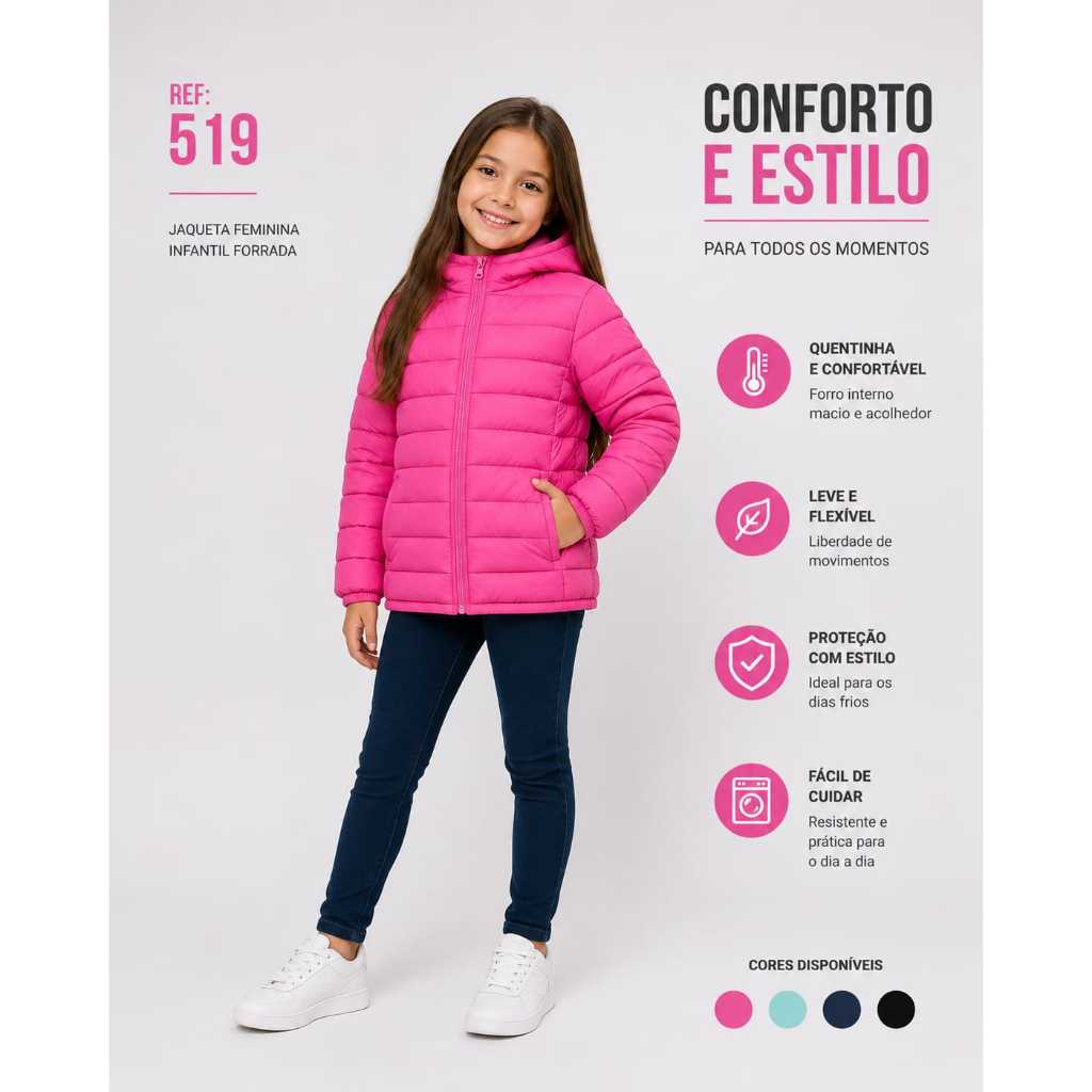 Jaqueta Infantil Feminina Puffer Forrada com Capuz Peluciada Inverno Quentinha Ref. 519